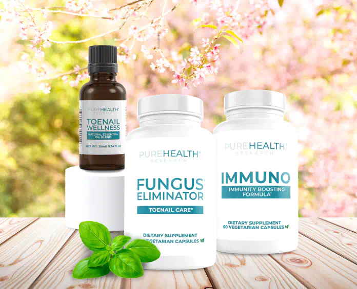 A display of PureHealth Research supplements, showcasing the best supplements for toenail fungus.
