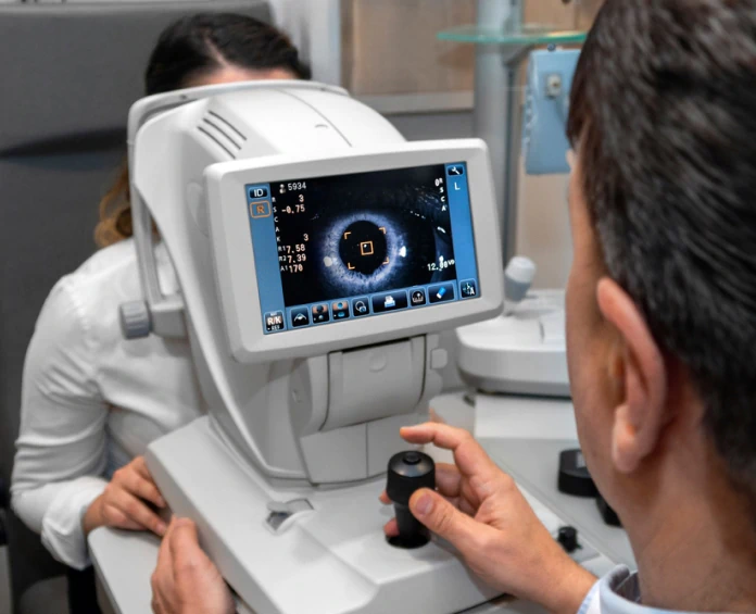 An eye examination with an advanced digital scanner, highlighting the importance of vision supplements for eye health.