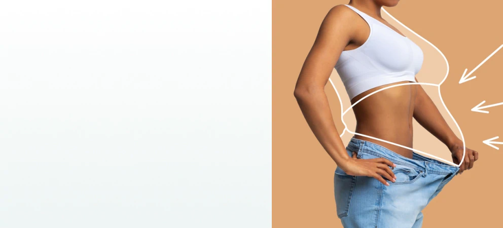 A fit woman wearing oversized jeans with drawn lines highlighting body changes, representing supplements for weight loss.