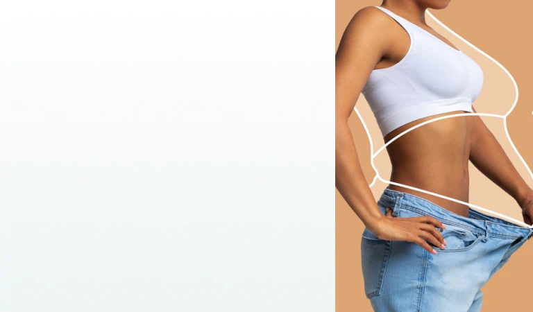 A fit woman wearing oversized jeans with drawn lines highlighting body changes, representing supplements for weight loss.
