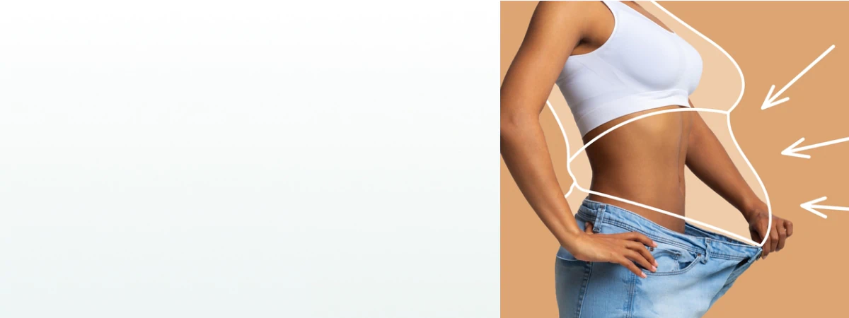 A fit woman wearing oversized jeans with drawn lines highlighting body changes, representing supplements for weight loss.