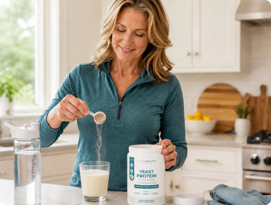 Woman scooping Yeast Protein + Creatine + Hydration into a glass